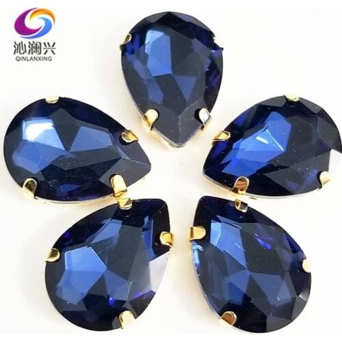 Golden bottom Ink blue DR shape High quality AAA Glass Crystal sew on claw rhinestones,Diy/Clothing accessories SWSG22