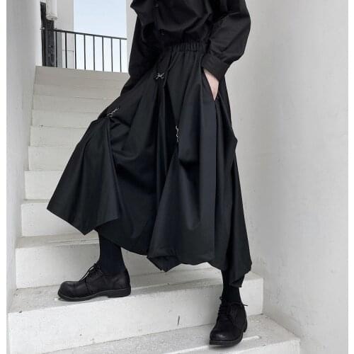 2020 Japanese dark retro personality black wide-leg pants men loose straight casual pants irregular hakama Baggy Pants Trousers