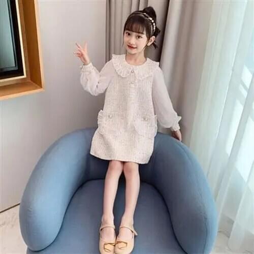 4-13Years Girls Long Sleeve Dress Kids Pearl Botton Knee Length Childrens dresses Toddler Party Dress Clothing for Girls 6 8 9