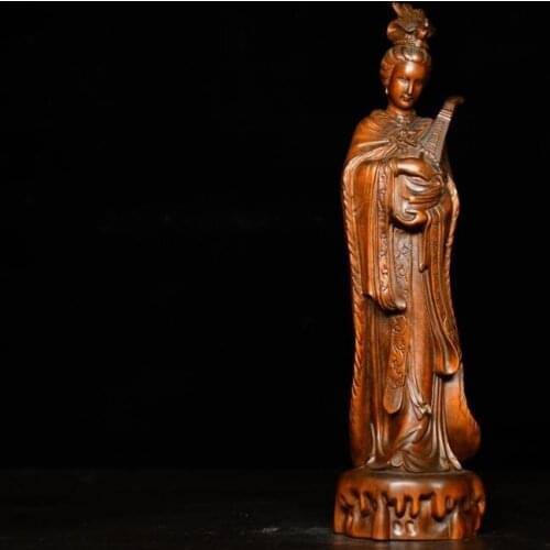 8" China Lucky Seikos Boxwood Pipa Beauty Buddha Statue Wood carving of classical beauty images in Jiangnan, China