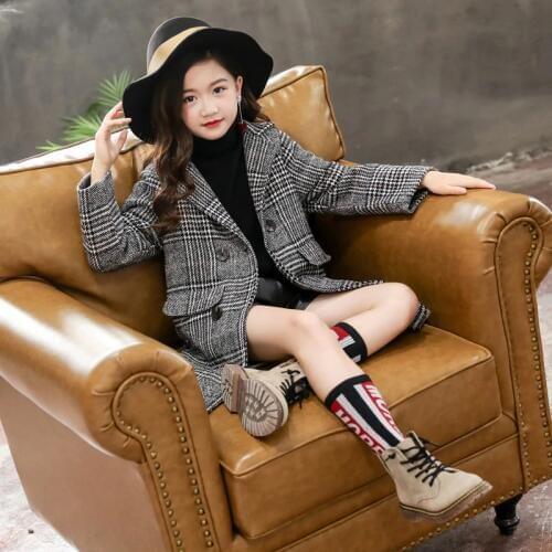 Kids girl overcoat Winter Houndstooth wool coat girls Teens autumn jacket warm long outerwear Children Windproof girl clothes
