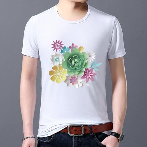 Mens T-shirt Classic White Casual Slim Simple 3D Flower Print Series Round Neck Youth Commuter Comfortable Top Soft Clothing