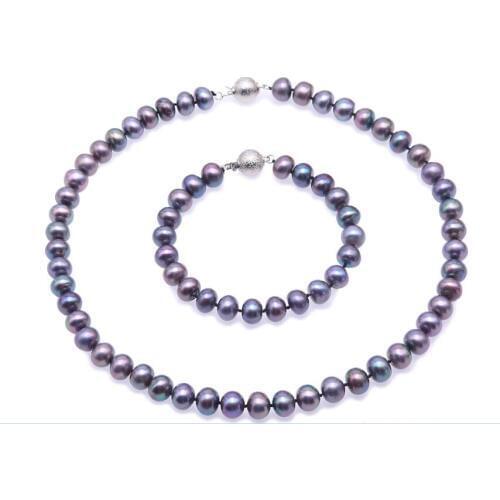 10mm gray black real pearl Women Jewelry set necklace bracelet AAA Cultured freshwater pearl