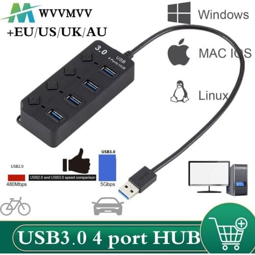 HUB USB 3.0 HUB 4Port USB3.0 Hub Splitter On/Off Switch LED Indicator with EU/US Power Adapter for MacBook Laptop PC