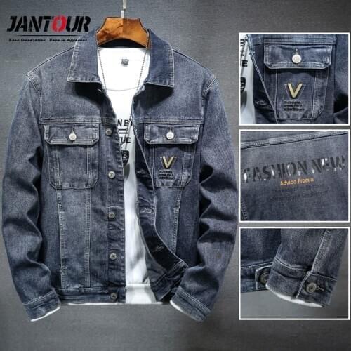 Jantour 2020 Men Jacket Turn-down Collar Letter Print Jackets Retro Bule Color Thicken Biker Coat Veste Homme Big Size M-4XL