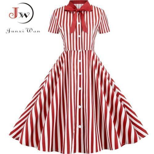 Summer Dress 2020 Women Elegant Vintage Short Sleeve Striped Print Bow Swing Party Office Pin up Dresses Casual Midi Plus Size