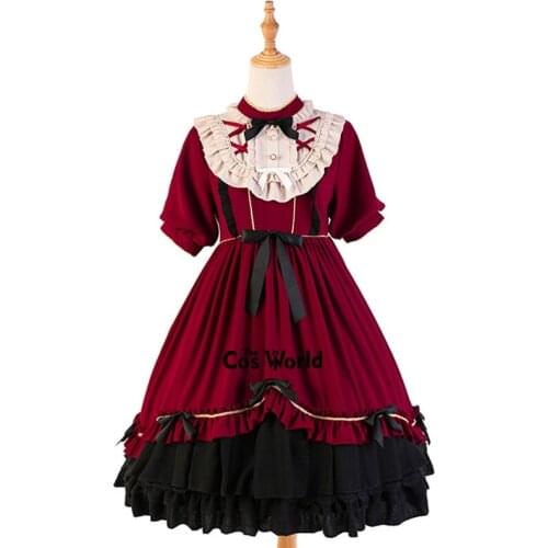 [Li Li An] Japanese Lolita Sweet High Waist Short Sleeve Bowknot One-piece Shirt Dresses Costumes