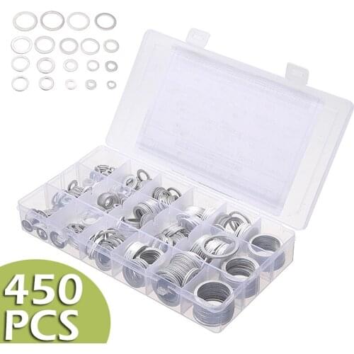 450Pcs Aluminum Flat Washers Assortment Kit Sealing Washer Gasket Rings Aluminum Flat Ring Seal with Plastic Box