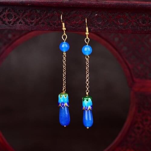 Jade Stone Flowers Drop Earrings Blue Amulet Fashion Natural Charm Jewelry Gifts for Women Her