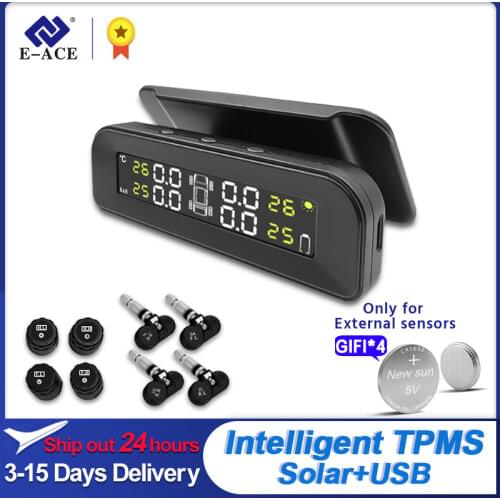 E-ACE TPMS Car Tire Pressure Alarm Monitor System Display Intelligent Temperature Warning with 4 Sensors Solar Power Charging