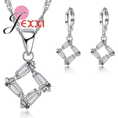 Modern Clear CZ Crystal Hollow Square 925 Sterling Silver Jewelry for Women Girls Necklace Pendant Hoop Earrings