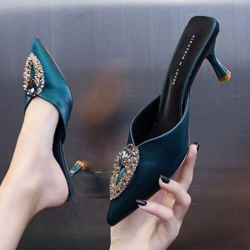 Spring and Summer All-match Slippers Women Fine Heel Pointed Ladies Slippers Rhinestone Baotou