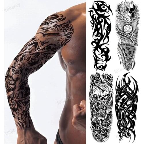 Full arm mens temporary tattoo sticker black large body art skull sleeve tattoo designs for men boy sexy tatoo fake waterproof