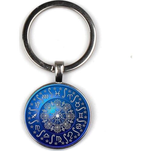 Mysterious Blue 12 Constellation Compass Keychain Glass Time Gem Keychain Key Jewelry DIY Custom Photo Personality Gift