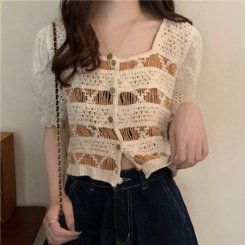 JMPRS Embroidery Women Blouse Fashion Striped Hollow Out Ladies Crop Tops Summer Puff Sleeve Europe Patchwork Female Blouse 2021
