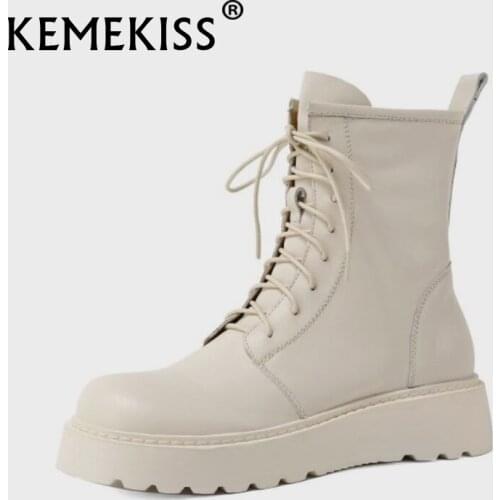 KemeKiss 2021 Real Leather Ankle Boots For Women Round Toe Flat Heel Cross Strap Short Boots Winter Ladies Footwear Size 34-39
