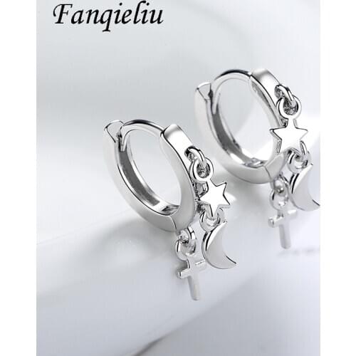 Fanqieliu Creative Vintage Jewelry Moon Star Real 925 Sterling Silver Earrings For Girl Cross Hoops Women FQL20495
