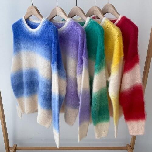 2021 spring Colorful Woman Striped Mohair Wool Blend Sweater Long Sleeves Fashion Drop shoulder Oversized KNITTED Jumper