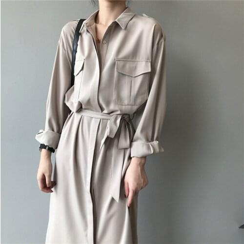 Elegant OL Shirt Vestidos For Women 2021 Polo Neck Long Sleeve Solid Ladies Dresses Belted Single Breasted Long Dress DR025