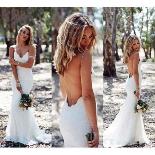 2021 Boho Spaghetti Straps White Lace Backless Wedding Dresses V-neck Summer Mermaid Beach vestido de noiva Bride Dresses