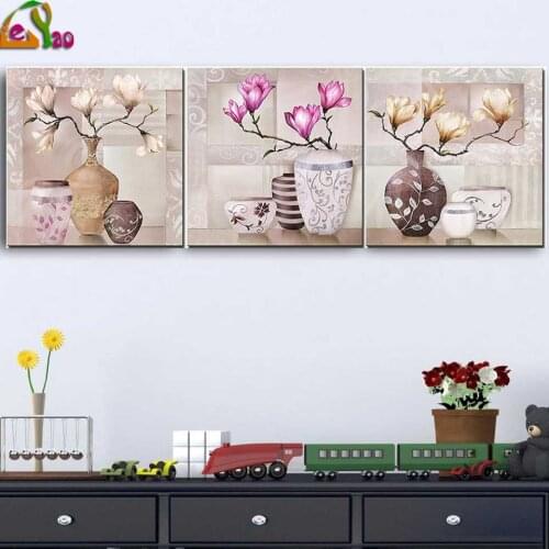 5d Diamond Embroidery White Magnolia Pink Cross Stitch Diamond Painting Kits Mosaic Triptych Sale Rhinestones Art Handwork Gift