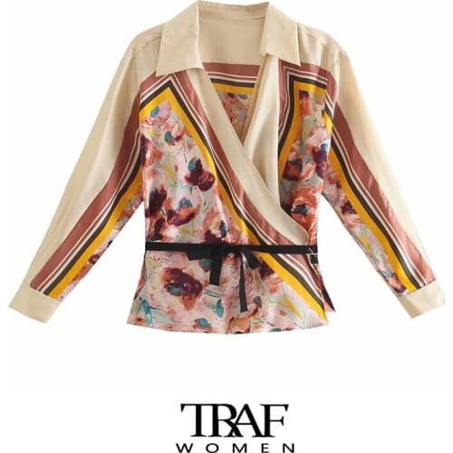 TRAF Za Women Fashion With Ties Patchwork Printed Wrap Cozy Blouses Vintage Cuffed Long Sleeves Female Shirts Chic Tops
