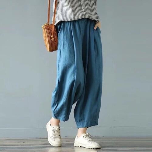 Women Summer Retro Linen Pants Ladies Elastic Waist Flax Vintage Wide Leg Trousers Female 2020 Solid Color Pants Retro