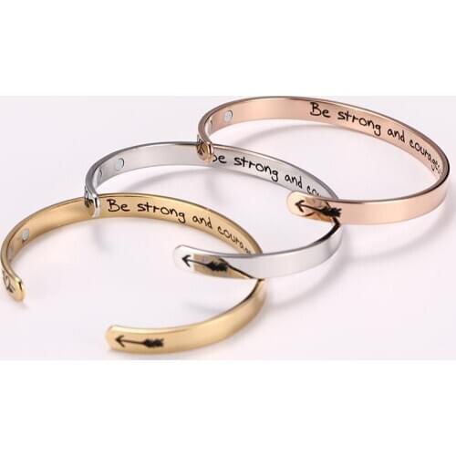 Exquisite C Shape Lettering Inspirational Word Cuff Bangle Be Strong and Courageous Stainless Steel Magnetic Women Bracelet