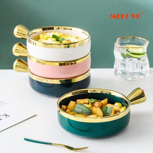 Nordic Ceramic Salad Bowl With Handle Breakfast Cereal Fruit Plate Solid Color Dessert Soup Bowl Suitable For Microwave Oven