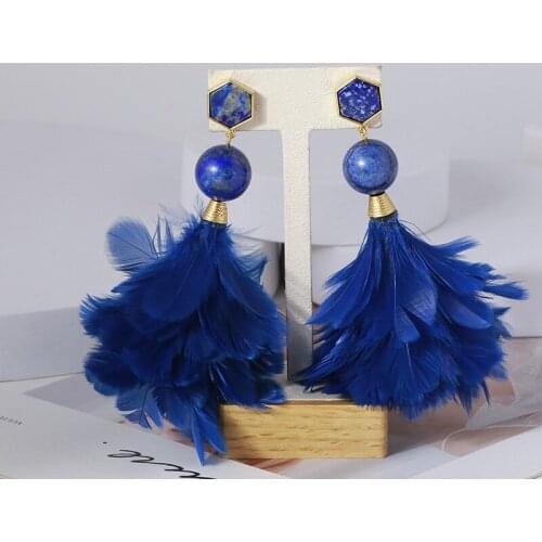 Round Stone Blue Real Feather Long Earrings