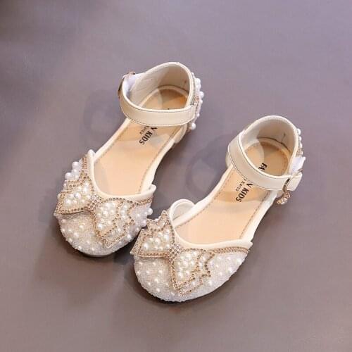 Girls Summer Half Sandals Beige Mary Jane Shoes Children Brand New Princess Sandals Rhinestone Bow-knot Big Kids Shoes 4-12Y