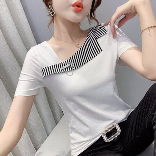 Summer Skew collar stripe Splicing short Sleeve Tee Women Fashion Slim Tops Casual Woman T Shirts 2021 women sexy tops