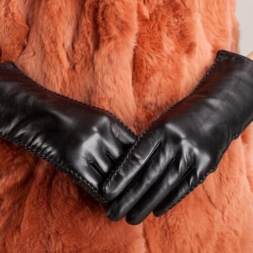 Fashion Winter Warm Leather Gloves Women Soft Sheepskin Mittens Black Slim Hand Lady Gloves Elegant Party Female Gloves AGD534