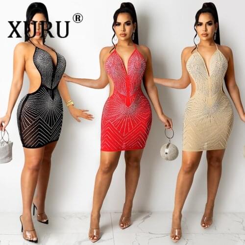 XURU European and American New Product Dresses Womens Nightclub Sexy Hot Drilling Dress Net Yarn See-through Strap V-neck Dress
