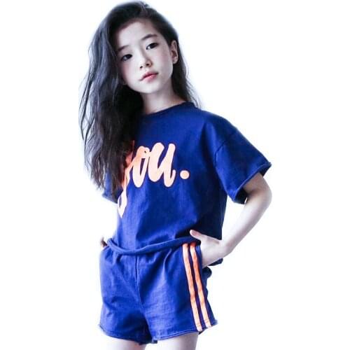 2021 new summer suits, childrens suits, girls' clothes, two-piece childrens cotton knit short suits