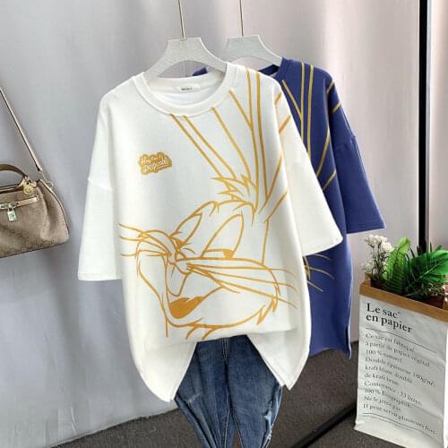 Summer round neck loose mid-length short-sleeved large size half-sleeved bottoming shirt female bronze cartoon rabbit T-shirt