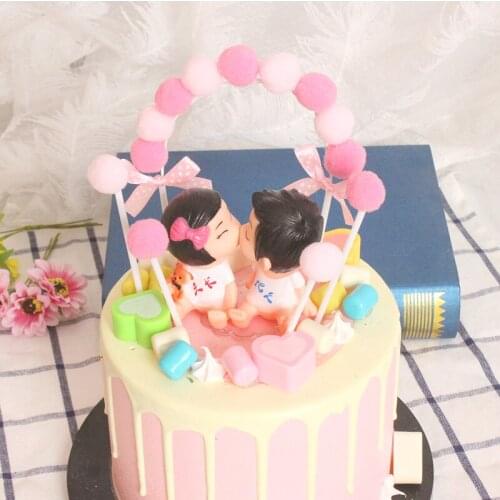 Hairball Arch Wedding Cake Toppers Colored Hairball Bow Cake Toppers for Birthday Party Valentines Day Cake Decoration Supplies