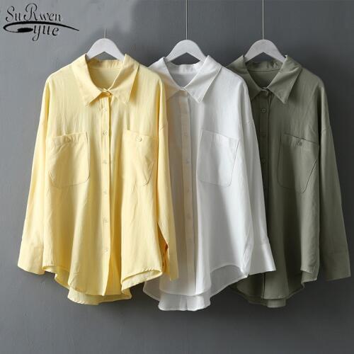 Women Casual Plus Size Loose Cotton Women Blouse 2021 Autumn Solid Button Cardigan long Shirts Long Sleeve Blusas Mujer 10109