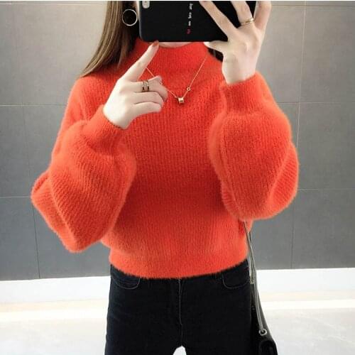 Women Winter Water Velvet Korean Warm Turtleneck Sweater Mohair Female Sweater Lantern Sleeve Casual Solid Color Pullover