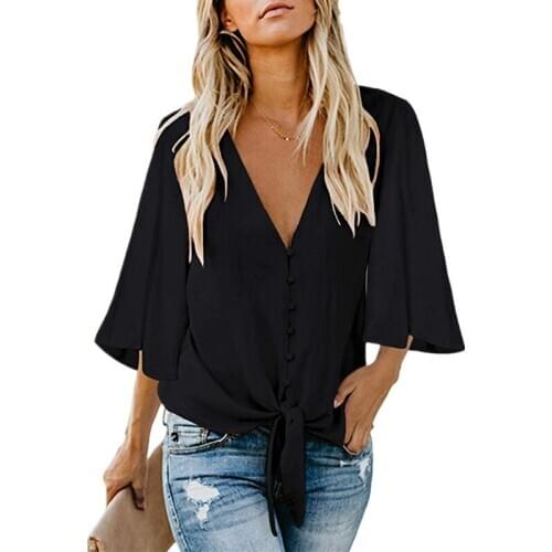 Womens 3/4 Flare Sleeve Casual Loose Shirts Solid T-Shirts Plus Size 2XL Summer Top