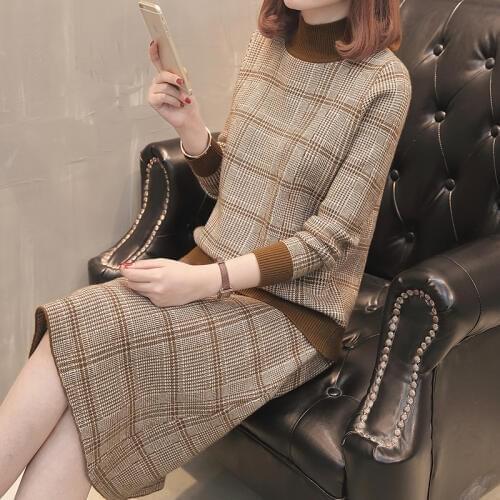 Womens suit 2020 New autumn Plaid sweater Ms. Long-sleeved bottoming shirt Knitted + Skirt Sailor Skirt Fashion Two-piece