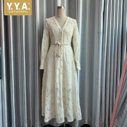 2021 Autumn New Elegant Womens Hollow Out Fashion Dress Office Lady Concise Solid Casual British Style Long Sleeve V-Neck Dress