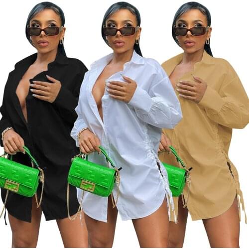 Solid Color Shirt Mini Dress Woman Long Sleeve Button V Neck Drawstring Hollow Out Night Club Party Outfits 2021 Autumn Wear
