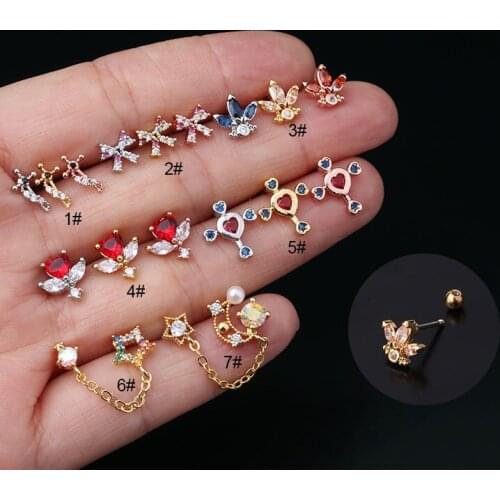 1PC 20G 0.8mm Stainless Steel Colorful Cz Cartilage Earring Cross Star Moon Helix Rook Conch Screw Back Earring Piercing Jewelry