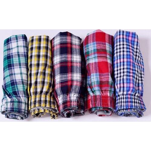 Mens Cotton Boxers Casual Plaid Print Elastic Waist Underwear Summer Loose Breathable Beach Pants Boxers Shorts 2021
