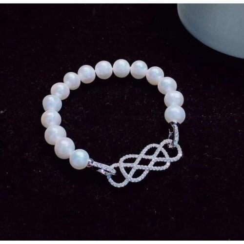 Free shipping Jewelry diy 2row natural 9-10mm white pearl bracelet 7.5-8inch micro inlay zircon clasp crystal