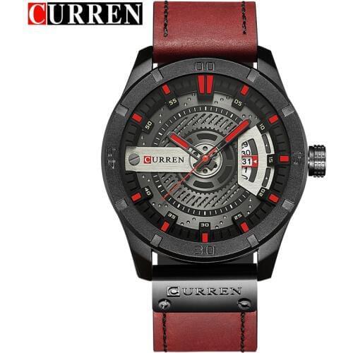 CURREN Men Watch Fashion Creative Dial Red Leather Strap Wristwatch Casual Sport Waterproof Watch Relogio Masculino 2019