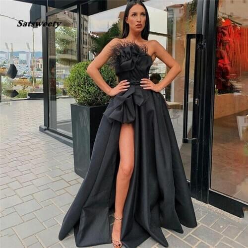 Satsweety Black High Split Evening Dresses 2021 Strapless Feather Draped Satin Prom Dress Custom Made Formal Party Gowns