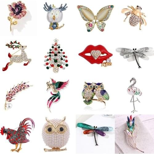 Women Enamel Rhinestone Grape Pearl Butterfly Animal Dragonfly Pearl Owl Bee Brooch Pins Wedding Party Brooches Jewelry 31Style