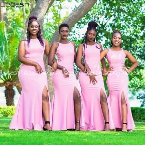 Eeqasn Bridesmaid Dresses Long 2021 Pink Satin Mermaid Simple Wedding Guest Dress Side Split Cheap Women Party Gown